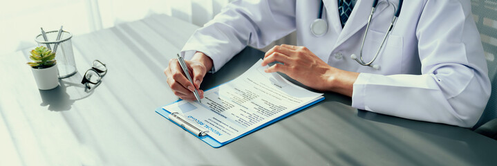 Doctor carefully review detailed medical report and diagnosing illness for effective healthcare...