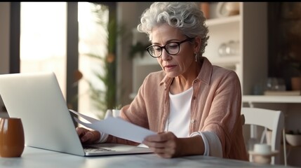 Middle-aged woman managing household finances - obrazy, fototapety, plakaty