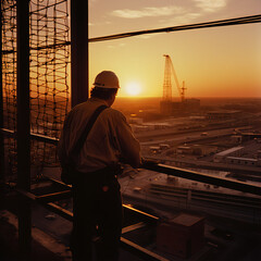 working man at sunset in the city