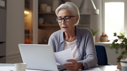 Middle-aged woman managing household finances - obrazy, fototapety, plakaty