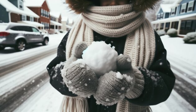 Close-up photo of a child, donning a fluffy scarf, gleefully preparing to throw a snowball.