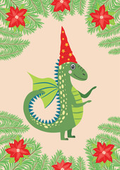 Christmas card with cute green dragon. Year of the Dragon 2024, China