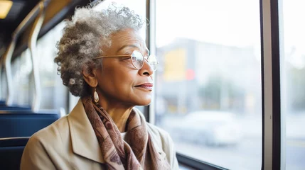 Foto op Canvas Portrait of a senior woman on public transportation looking out the window © Krtola 