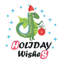 Christmas card with cute green dragon. Year of the Dragon 2024, China