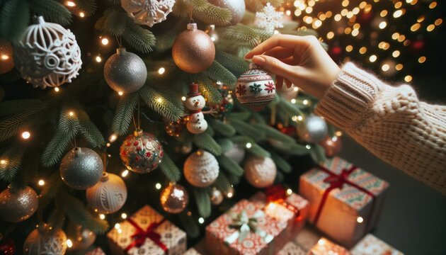 Close-up photo of hands placing intricately designed ornaments on a Christmas tree, each with its own story.