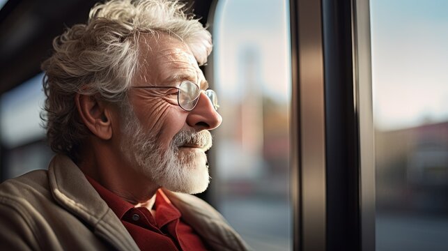 Portrait of a senior man on public transportation looking out the window