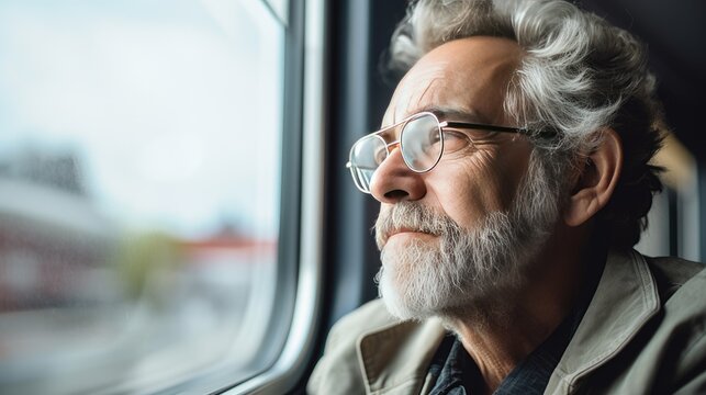 Portrait of a senior man on public transportation looking out the window