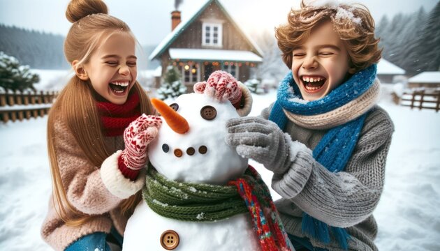 Close-up photo of two children, a boy and a girl, joyfully building a snowman together.