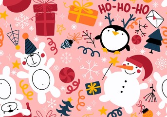 Christmas tree cartoon seamless snowman and snowflakes pattern for wrapping paper and fabrics and linens
