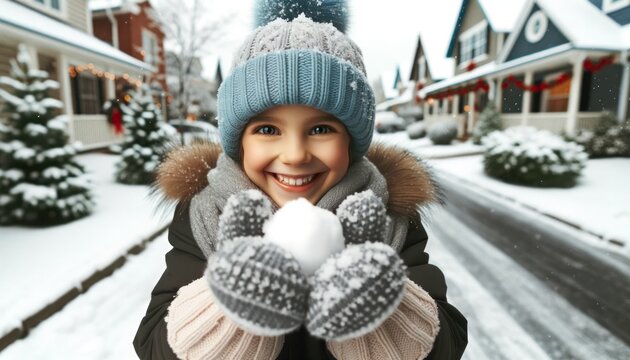 Close-up photo of a joyful child, wearing a bright winter hat and mittens, poised to throw a compact snowball.