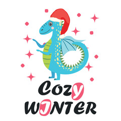 Christmas card with cute green dragon. Year of the Dragon 2024, China