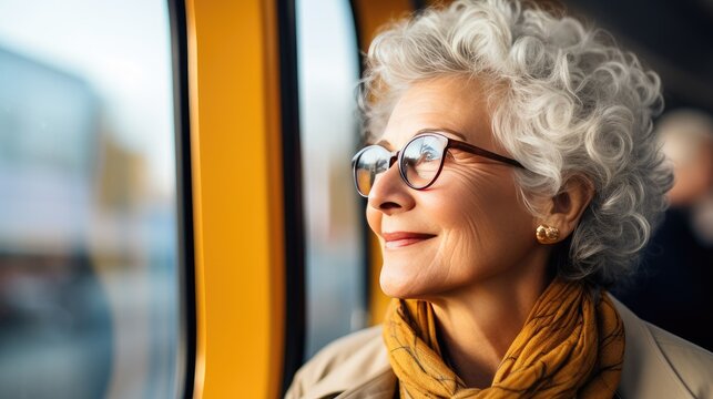 Portrait Of A Senior Woman On Public Transportation Looking Out The Window