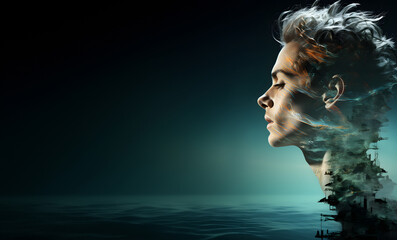 Female profile portrait with dispersion and blending effect, dark sea background, and large copy space in view direction - obrazy, fototapety, plakaty