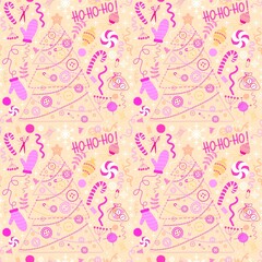 Fototapeta na wymiar Christmas tree cartoon seamless buttons and gloves and candy and snowflakes pattern for sewer wrapping paper