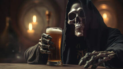 grim reaper holding a glass of beer onselective focus background - obrazy, fototapety, plakaty