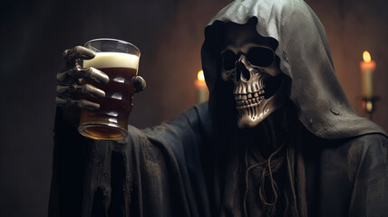 Fototapeta na wymiar grim reaper holding a glass of beer onselective focus background