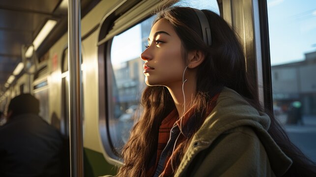 Portrait of a young woman on public transportation looking out the window