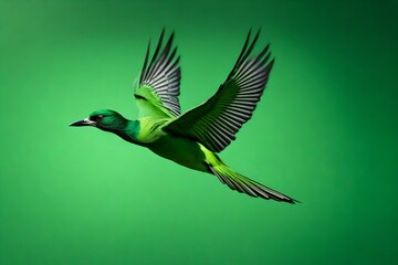 Green bird flying on solid green background