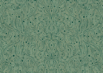 Hand-drawn unique abstract seamless ornament. Dark green on light cold green background, with splatters of golden glitter. Paper texture. Digital artwork, A4. (pattern: p11-2a)