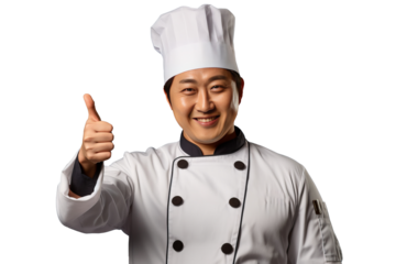 asian Chef Holding Thumbs Up With One Hand isolated on transparent background generative ai