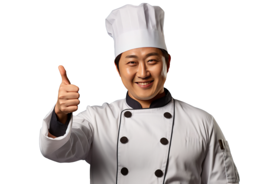 asian Chef Holding Thumbs Up With One Hand isolated on transparent background generative ai