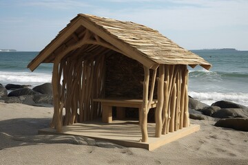 A shelter by the seashore. Generative AI