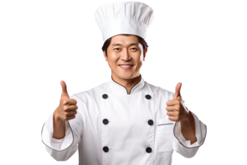 asian Chef Holding Thumbs Up With One Hand isolated on transparent background generative ai