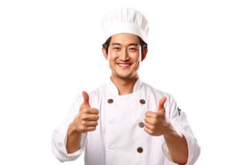 asian Chef Holding Thumbs Up With One Hand isolated on transparent background generative ai