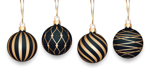 Christmas balls on a gold ribbon. Set of black Christmas balls with striped gold pattern isolated on white background.