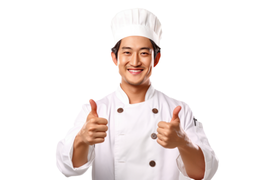 asian Chef Holding Thumbs Up With One Hand isolated on transparent background generative ai