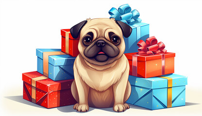 cute pug with gifts