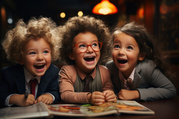 A group of children telling jokes and riddles, nurturing their creativity and wit. Concept of humor in child development. Generative Ai. - obrazy, fototapety, plakaty
