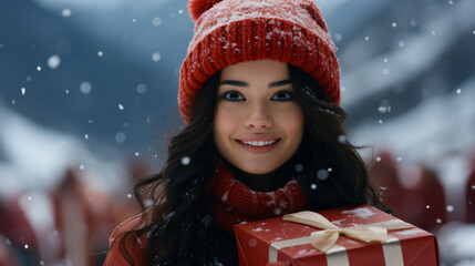 Merry & Bright: Young Woman in Red Hat Poses with Christmas Gift Box - Festive Portrait