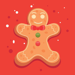 gingerbread man, new year, christmas, cookies, gingerbread, sweets, holiday. Holiday card for the New Year, gingerbread man on a red background with crumbs.