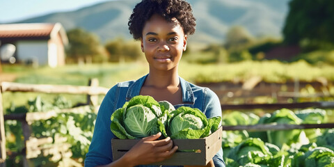 Portrait of cute african american woman holding a crate full of fresh cabbage in her hands