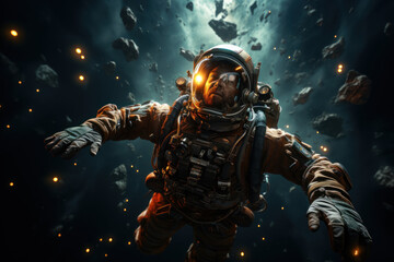 Fototapeta premium An astronaut floating in the vastness of space, surrounded by stars. Concept of space exploration and human achievement. Generative Ai.