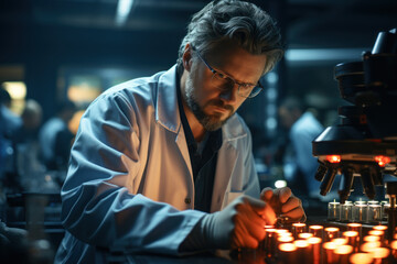 A scientist in a lab coat peering into a microscope, unlocking the secrets of life. Concept of discovery and innovation. Generative Ai.