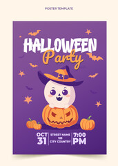 Happy Halloween card invitation with pumpkin and cute ghost