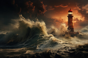 A solitary lighthouse standing tall amidst crashing waves. Concept of guidance and resilience....