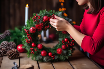 Festive Christmas wreath crafting workshop. Woman proudly displays her ornamented wreath.