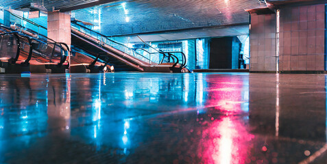 realistic underground subway station background with wet floors futuristic metro interior wi  - obrazy, fototapety, plakaty