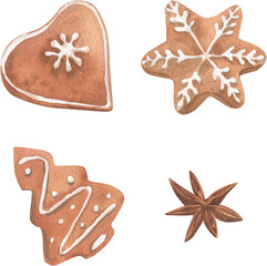 Set of Christmas cookies painted in watercolors.