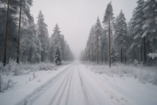 Snowy winter road through a scenic forest in Finland. Generative AI
