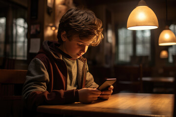 Fototapeta na wymiar Young boy engrossed in smartphone in cozy cafe interior, illuminated by warm pendant lighting, reflective mood.