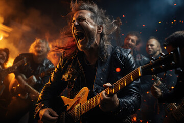 A determined rock band performing with passion and energy to a cheering crowd. Concept of musical artistry and live entertainment. Generative Ai.