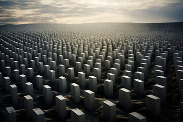 Obraz premium the horrors of war: hundreds of grey identical military graves with grave stones to the horizon - memorial for fallen soliders