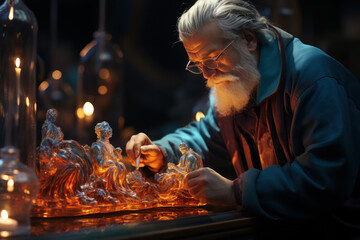 A brilliant glassblower crafting a delicate glass figurine with finesse. Concept of artistry and delicate craftsmanship. Generative Ai. - obrazy, fototapety, plakaty