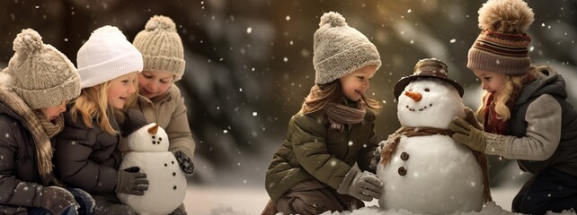 Children with hats and gloves playing with the snow and making two dolls while snowflakes fall. Horizontal image.
