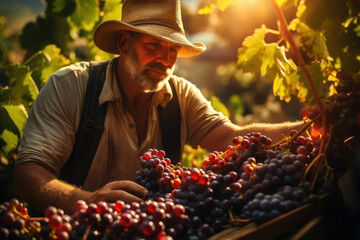 A passionate vintner cultivating vineyards and harvesting ripe grapes for winemaking. Concept of...