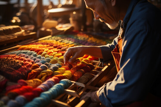 A meticulous weaver crafting intricate patterns on a traditional loom with vibrant threads. Concept of textile art and craftsmanship. Generative Ai.